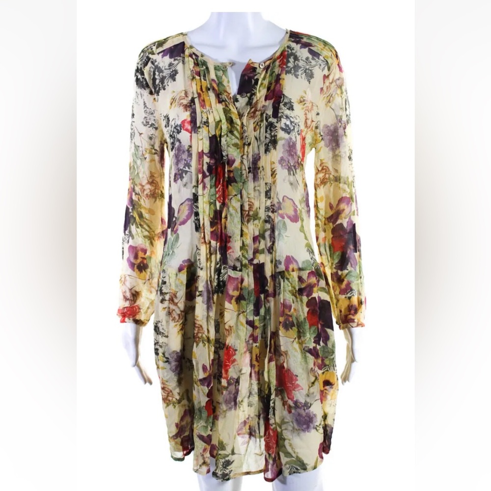 Sundance magnolia print silk beige floral shirt dress xs NWT